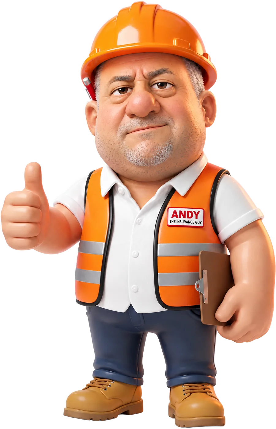 Andy the Insurance Guy, cartoon insurance agent in an orange hard hat and hi-vis vest, giving a thumbs up